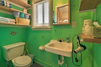 a green bathroom with a toilet and a sink at Private Hot Tub and Fireplace Poconos Home! in Pleasant Mount