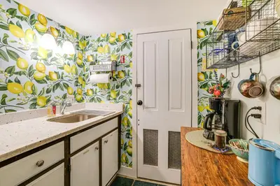 a kitchen with a sink and a fruit patterned wall at Charming Getaway Less Than 1 Mi to Downtown Lambertville! in Lambertville
