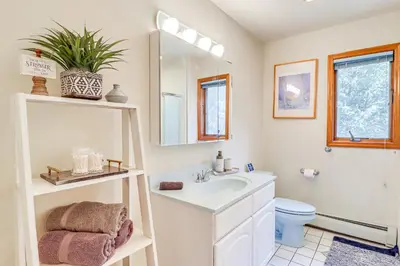 a bathroom with a sink and a toilet and a mirror at 4 Mi to Slopes! Split Rock Resort Home with Fire Pit in Lake Harmony
