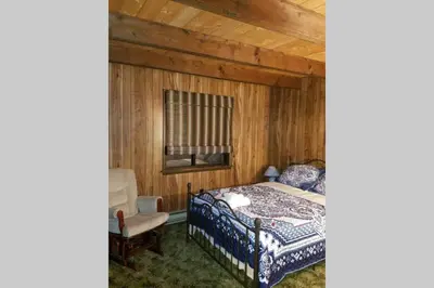 a bedroom with a bed and a chair at Regent Hilltop Cabin in Sandyville