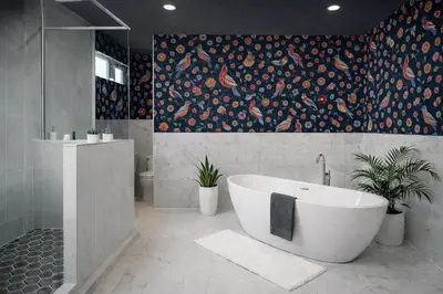 a bathroom with a tub and a wall with a floral pattern at Artsy Hidden Gem ll -Free Parking --- in Philadelphia
