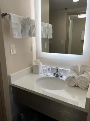 a bathroom with a sink and a mirror and towels at Comfort Inn Horsham - Philadelphia in Horsham