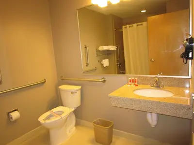 a bathroom with a toilet and a sink and a mirror at Red Carpet Inn and Suites Monmouth Junction in Monmouth Junction