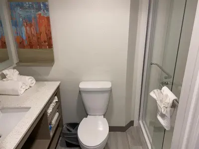 a bathroom with a white toilet and a shower at MainStay Suites Horsham - Philadelphia in Horsham