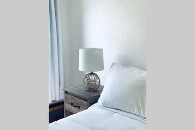 a bed with a white pillow and a lamp on a night stand at Cozy Cottage with Jacuzzi, Sauna, Fire Pit and Reading Nook! in Livingston Manor