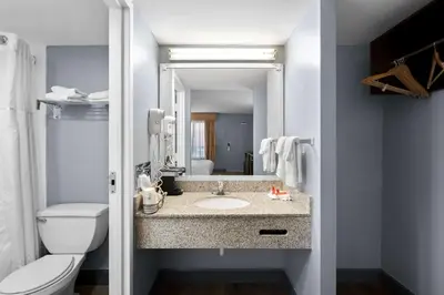 a bathroom with a sink and a toilet and a mirror at Brandywine Valley Inn SureStay Plus by Best Western in Wilmington