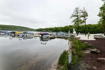 a marina with boats in the water at Near Skiing and Lakes Contemporary Poconos Townhome in Lake Harmony