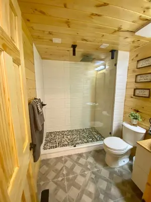 a bathroom with a shower and a toilet in a room at Lakeview Cabin in The Hideout in Lake Ariel