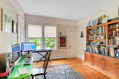 a home office with a desk with a computer on it at Mountain View Victorian with Convenient Location and Lots of Space tp Play farmhouse in Napanoch