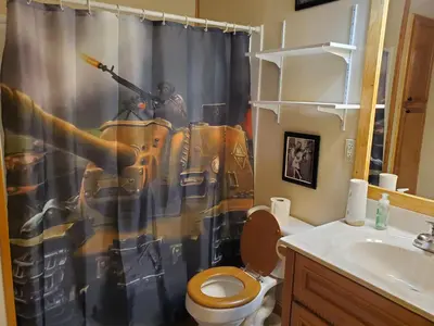 a bathroom with a shower curtain with a picture of a gun at Snyder's Knob in Millerstown