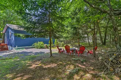 a group of chairs and a table under a tree at Fire Pit and Community Perks Blakeslee Cottage! in Blakeslee