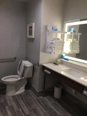 a bathroom with a toilet and a sink and a mirror at Hampton Inn Old Bridge NJ in Old Bridge