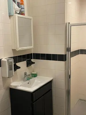 a bathroom with a sink and a shower at Chelsea Rooms NYC in New York
