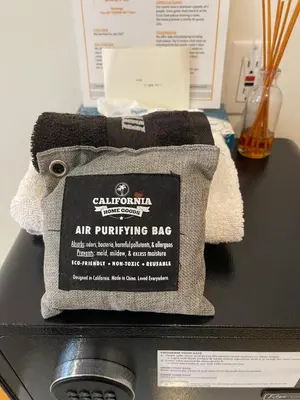 an air purifying bag sitting on top of a table at Chelsea Rooms NYC in New York
