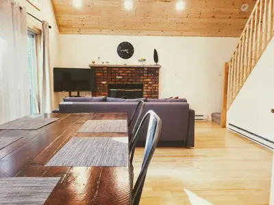 a living room with a couch and a fireplace at Sheshequin in Thornhurst