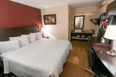 a hotel room with a large bed and a desk at Red Roof Inn PLUS+ Wilmington - Newark in Christiana