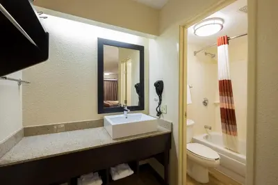 a bathroom with a sink and a toilet at Red Roof Inn PLUS+ Wilmington - Newark in Christiana