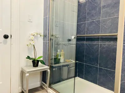 a shower with a glass door in a bathroom at Modern Room in Shared Apartment Near NYC in Englewood