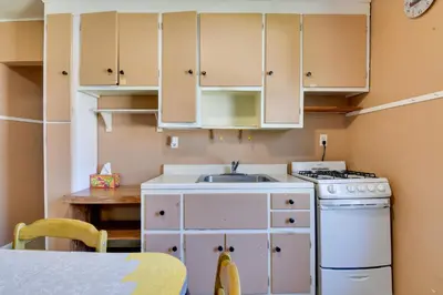 a small kitchen with a stove and a sink at Shared Lake Access and Fire Pit Catskills Getaway! in Ellenville