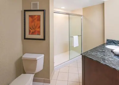 a bathroom with a toilet and a shower and a sink at Harmony Suites Secaucus Meadowlands in Secaucus