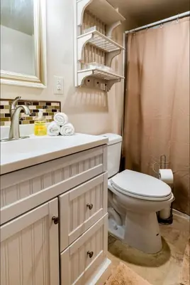 a bathroom with a toilet and a sink and a mirror at The Nook Lodge - cabin with hot tub at Shawnee and Camelback Mtn in East Stroudsburg