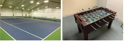 two pictures of a tennis court with a table with balls at Aquatopia Waterpark-Pool-Tennis-Paintball- ZipLine 127 in Tannersville