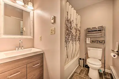 a bathroom with a toilet and a sink and a mirror at 4 Mi to Tobyhanna State Park Home with Fire Pit in Tobyhanna