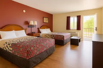 a hotel room with two beds and a balcony at King's Inn Motel in Reading