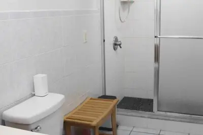 a bathroom with a shower and a toilet and a stool at Escape in our Rain-Forest A-Frame Retreat with Hot Tub at The Kairos Cabin in Harveys Lake