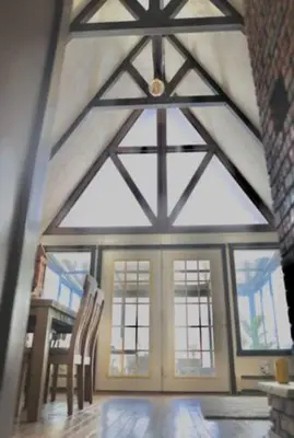 a room with a large window and a room with chairs at Escape in our Rain-Forest A-Frame Retreat with Hot Tub at The Kairos Cabin in Harveys Lake