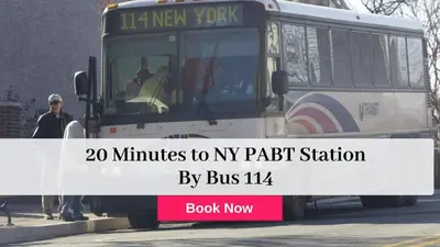 a bus with a sign that reads minutes to my path station by bus at 1 Bus Stop To NYC-Hot Tub-EWR Airport-Free Parking in Hillside