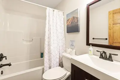 a bathroom with a sink and a toilet and a shower at THE ONE Chalet in Albrightsville