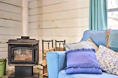 a blue couch in front of a wood stove at Private Lake Access and Canoes Pennsylvania Cottage in Lakewood