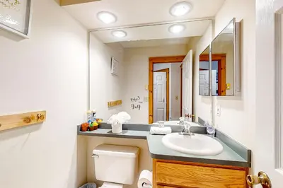 a bathroom with a sink and a toilet and a mirror at Northridge 393 in Tannersville
