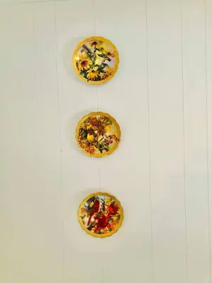 four plates are hanging on a wall at Charming 120-year-old farmhouse by the creek. in Starlight