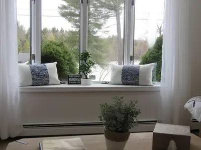 two pillows sitting on a window sill with a plant at Catskills Cottage with Lake View Book Now in Rock Hill