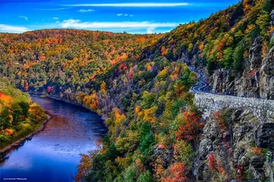 an aerial view of a river in the middle of a forest at 2 Lake Cabins Poolhottub Game Room & Courts in Highland Lake