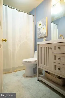 a bathroom with a toilet and a shower curtain at 5BRwithBand&Piano setup Private Gym Theater&Entry at Cherry Hill in Cherry Hill