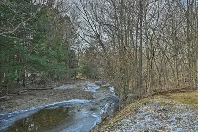 a river with snow on the ground next to trees at Catskill Getaway on 6 Acres with Swimming Pond! in Liberty