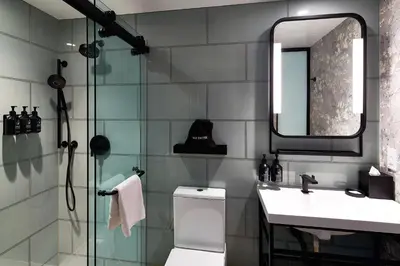 a bathroom with a toilet and a sink and a mirror at Hotel Indigo NYC Financial District by IHG in New York