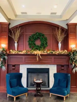 a living room with a fireplace and two blue chairs at Hotel Anthracite in Carbondale