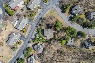an overhead view of a residential neighborhood with houses at Kelto Kabin in Lake Harmony