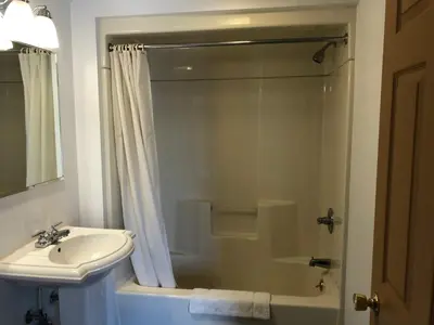 a bathroom with a shower and a sink and a toilet at DEEPWELL MOTEL in Owego