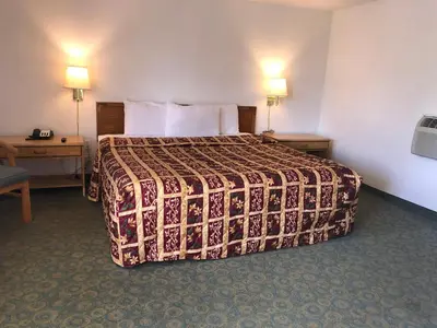 a hotel room with a bed with two tables and two lamps at DEEPWELL MOTEL in Owego