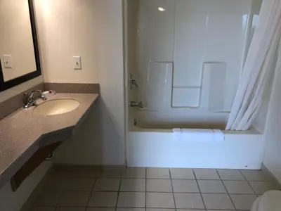 a bathroom with a sink and a shower and a tub at DEEPWELL MOTEL in Owego