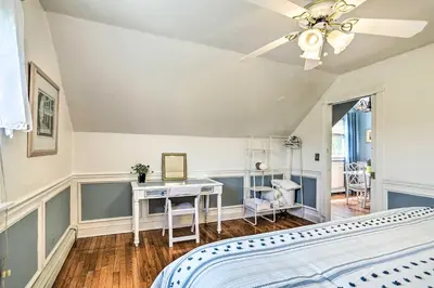 a bedroom with a bed and a desk at Pet-Friendly Pond View Loft with Private Pool! in Walden