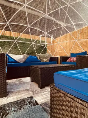 a room with blue beds and a wall with a spider net at Hotel and the City, Rooftop City View in New York