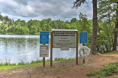 a sign in front of a body of water at Near Lakes and Resorts Pet-Friendly Long Pond Abode in Long Pond