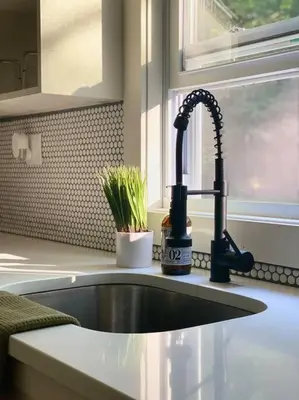 a kitchen sink with a faucet next to a window at The Cabin @ Benton Hollow in Livingston Manor