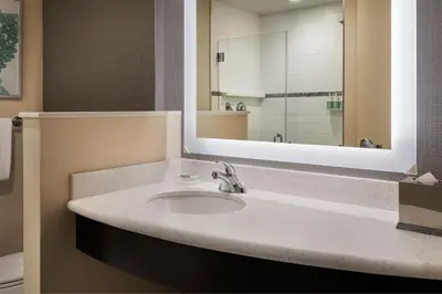 a bathroom with a sink and a mirror at Courtyard by Marriott Philadelphia South at The Navy Yard in Philadelphia